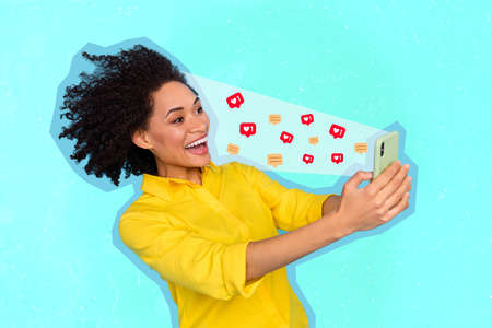 Composite collage portrait of positive excited person hold use telephone receive lot new like...
