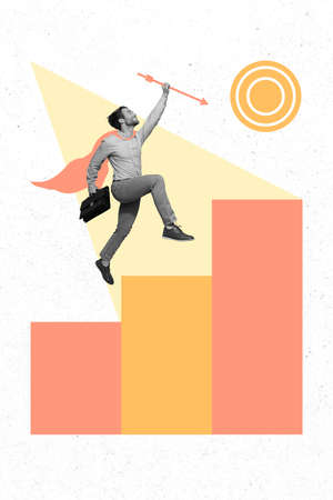 Collage 3d image of pinup pop retro sketch image of funny guy running upstairs hit the mark isolated painting backgroundの写真素材