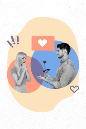 Creative template collage of guy make proposal his girlfriend gift rose bouquet ring isolated color backgroundの写真素材