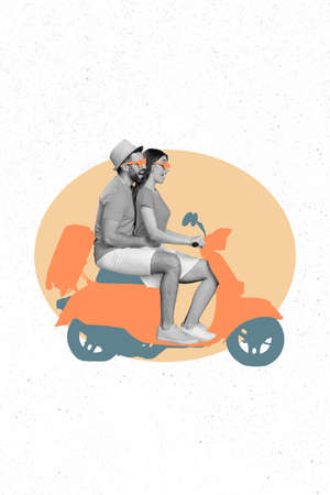Collage photo of cheerful couple go on trip together riding on motorcycle painting isolated on pastel backgroundの写真素材