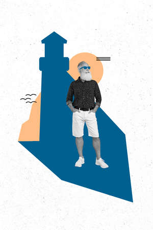 Vertical creative collage image of aged person black white colors pit hands pockets isolated on lighthouse building drawing shadowの写真素材