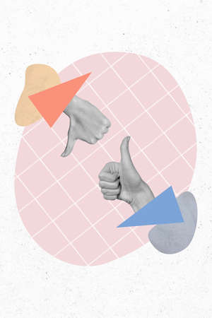 Collage photo of black white color effect hands show thumb up down have argument cant decide isolated on white image backgroundの写真素材