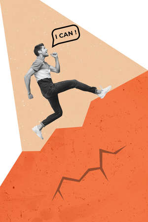 Vertical collage creative image of running person black white effect climb mountain top isolated on drawing backgroundの写真素材