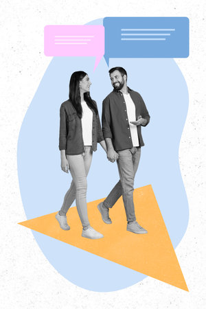Creative sketch collage of black white filter couple communicating tell say opinions text box isolated surreal backgroundの写真素材