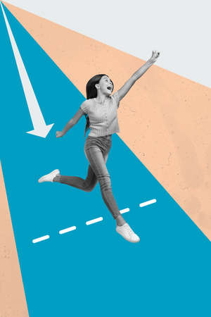 Creative artwork collage of black white filter teen lady run fast sprint target win cross finish line isolatedの写真素材