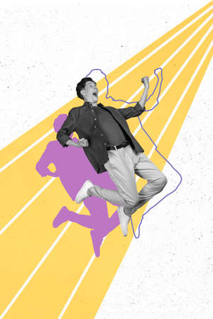 Collage photo of energetic young man black white visual effect celebrate his victory isolated on...