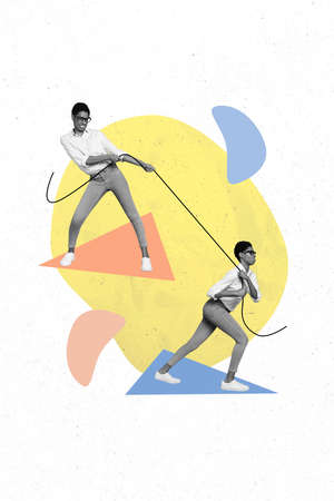 Collage photo of black and white effect girl push rope with herself overcome procrastination...