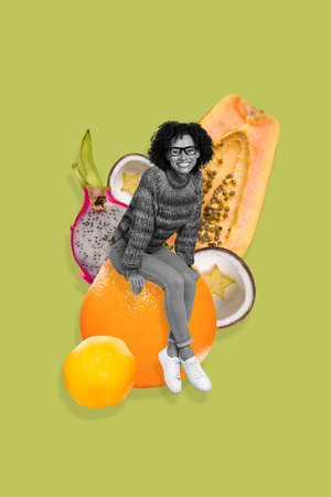 Vertical collage picture of positive person black white colors sitting huge orange multivitamin fruits juice advertisementの写真素材
