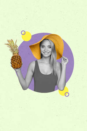 Creative collage poster of beautiful lady in round circle hole enjoy tropics recreation hold pine appleの写真素材
