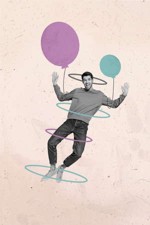 Collage 3d image of pinup pop retro sketch image of funny carefree guy flying air balloons isolated...