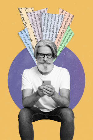 Vertical creative collage image of aged person sitting hold use telephone read fresh news isolated on drawing backgroundの写真素材