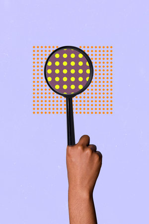 Vertical composite picture of human hand magnifier lens instead finger research enlarge dots