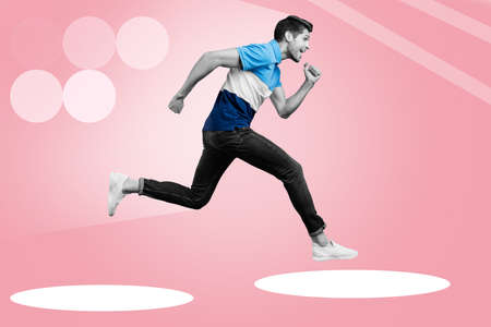 Collage photo man with black and white effect filter running towards success isolated on pink color backgroundの写真素材