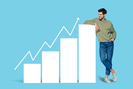 Collage photo of confident professional businessman see his business grow up isolated on blue color backgroundの写真素材