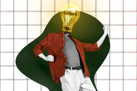 Collage photo of intelligent businessman with light bulb head celebrate his achievement isolated over checkered backgroundの写真素材