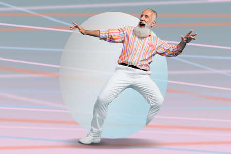 Creative artwork collage of aged man travel in time cyber reality black friday ads concept isolated...