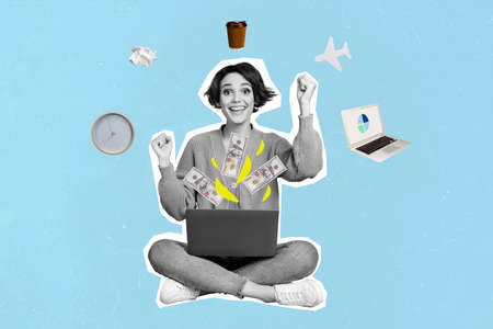 Creative collage image of delighted person black white gamma raise fists enjoy triumph earnings done...