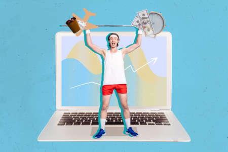 Creative collage advertisement of sportive guy power lifting million dollars profit opportunity stand netbook isolatedの写真素材