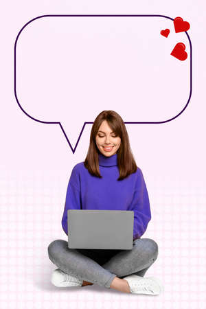 Creative poster collage of millennial lady use netbook communicate boyfriend remotely web isolated color backgroundの写真素材