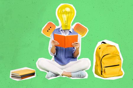 Creative poster collage of weird high school student read book have brilliant idea bulb face...