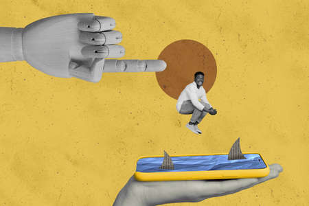Creative design collage photo of black white color effect wooden hand throw miniature man into...