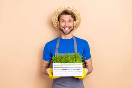 Photo of young cheerful man hold green plant horticulture nature isolated over beige color backgroundの写真素材