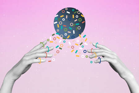 Zine unusual collage banner of two human palms catch geometry shape crypto earnings isolated pastel color backgroundの写真素材