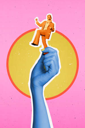 Vertical collage image of big blue hand hold small positive overjoyed granddad isolated on drawing backgroundの写真素材