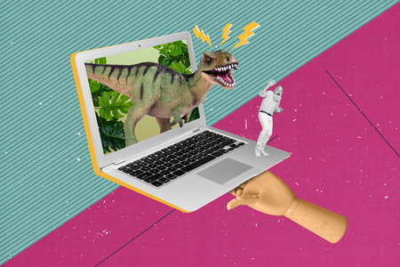 Zine artwork collage of small senior man stand netbook frightened alive dino attack him isolated bright color backgroundの写真素材