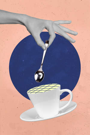 Exclusive minimal magazine sketch collage of arm palm mixing coffee cup isolated drawing blue pink backgroundの写真素材