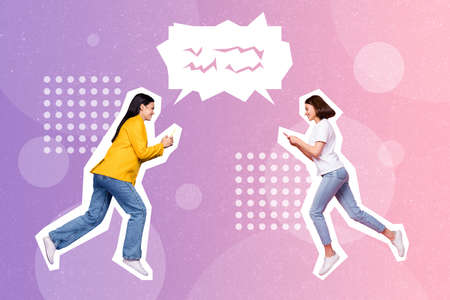 Collage drawing picture of two people running hold use telephone chatting send message isolated on...
