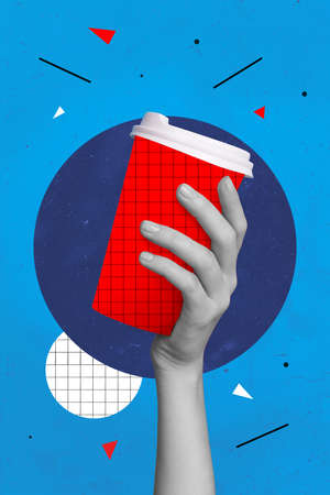 Vertical composite picture of arm black white gamma hold drawing checkered exercise copybook pattern coffee cup painted backgroundの写真素材