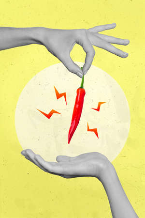 Creative abstract template graphics image of one arm giving another palm chili pepper isolated yellow drawing backgroundの写真素材