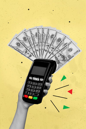 Collage image of arm hold pos wireless terminal dollars cash banknotes isolated on yellow painted backgroundの写真素材