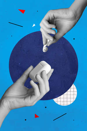 Photo artwork minimal collage of palms putting wireless apple earphones charging case isolated drawing blue backgroundの写真素材