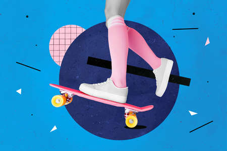 Creative drawing collage picture of cropped woman legs wear new shoes ride skate board isolated on painted backgroundの写真素材
