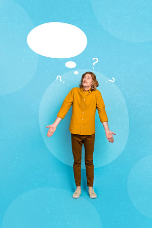 Vertical collage portrait of clueless minded guy shrug shoulders look empty space bubble isolated on...