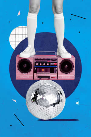 Creative 3d photo artwork graphics painting of legs standing disco ball boom box isolated drawing...