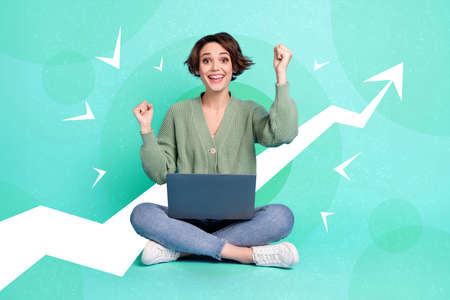 Composite collage portrait of overjoyed delighted girl raise fists celebrate attainment use wireless...