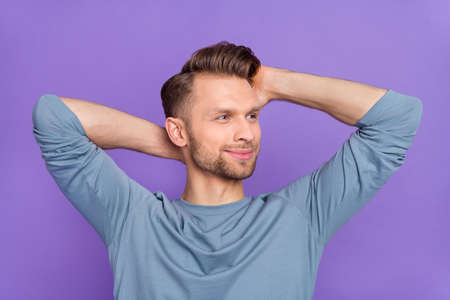 Profile photo of nice brown hairdo guy look promo wear trend cloth isolated on violet color backgroundの写真素材