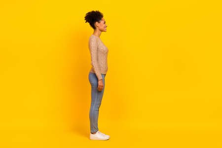 Full length profile photo of young brunette lady look promo wear pullover jeans shoes isolated on yellow backgroundの写真素材