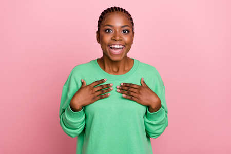 Portrait of funky astonished person hands chest open mouth look camera isolated on pink color...