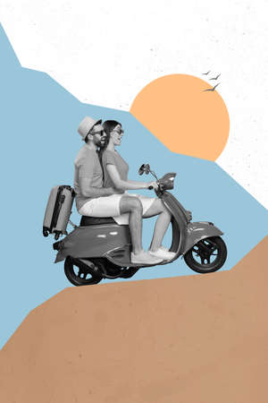 Collage 3d image of pinup pop retro sketch image of couple riding moped rock hike isolated drawing backgroundの写真素材
