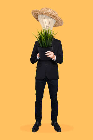Collage photo banner of corporate agent with bulb face hold vase imagine summer weekend isolated yellow color backgroundの写真素材