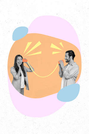 Creative artwork collage of two fellows guy spread discount promo lady use string mug phone isolated painted backgroundの写真素材