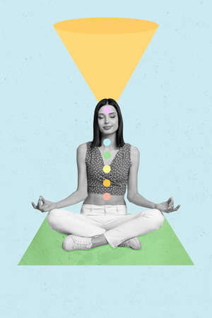3d retro abstract creative artwork template collage of lady opening chakras isolated blue color...