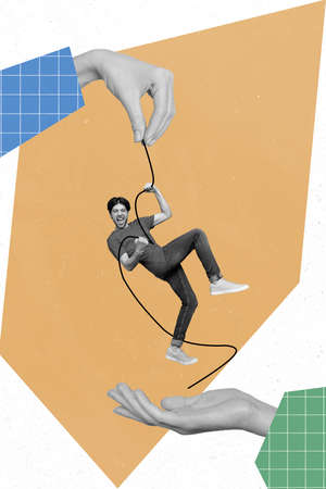 Creative retro 3d magazine collage of guy climbing rope up holding by palms arms isolated drawing backgroundの写真素材