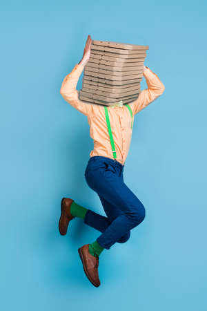 Photo collage of handsome guy with pizza box stack face jump several orders delicious snack isolated...