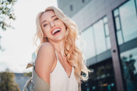 Portrait of attractive cheerful carefree girl spending day having fun laughing traveling tour abroad...