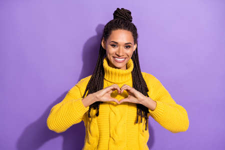 Photo of young black woman happy positive smile show fingers heart love feeling valentine day...